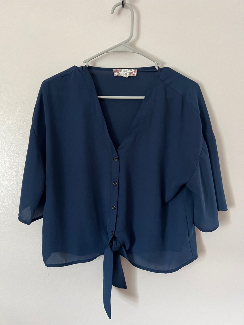 Pink Rose Navy Tie-Front V-Neck Blouse